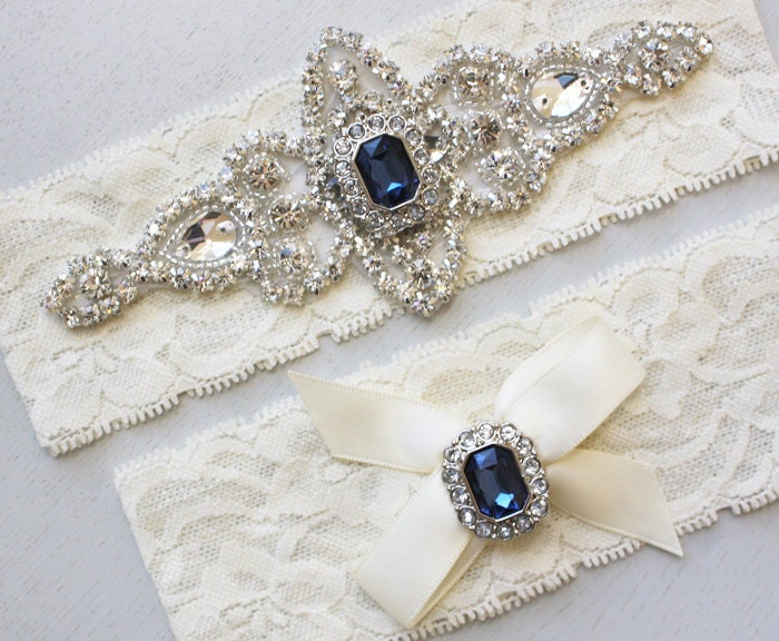 Best Seller - CHLOE II - Sapphire Blue Wedding Garter Set, Ivory Lace Garter, Rhinestone Crystal Bridal Garters, Something Blue