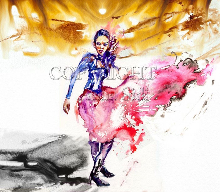 Illustration ' Pink ' 8x11"- Original Artwork Ink -Watercolor,  Fine Art Print Art Posters Wall Modern .