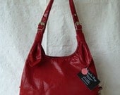Large Red Faux Leather Handbag with Shoulder Straps, Zip Fastening and Buckle Feature. One of a kind and ready to ship.