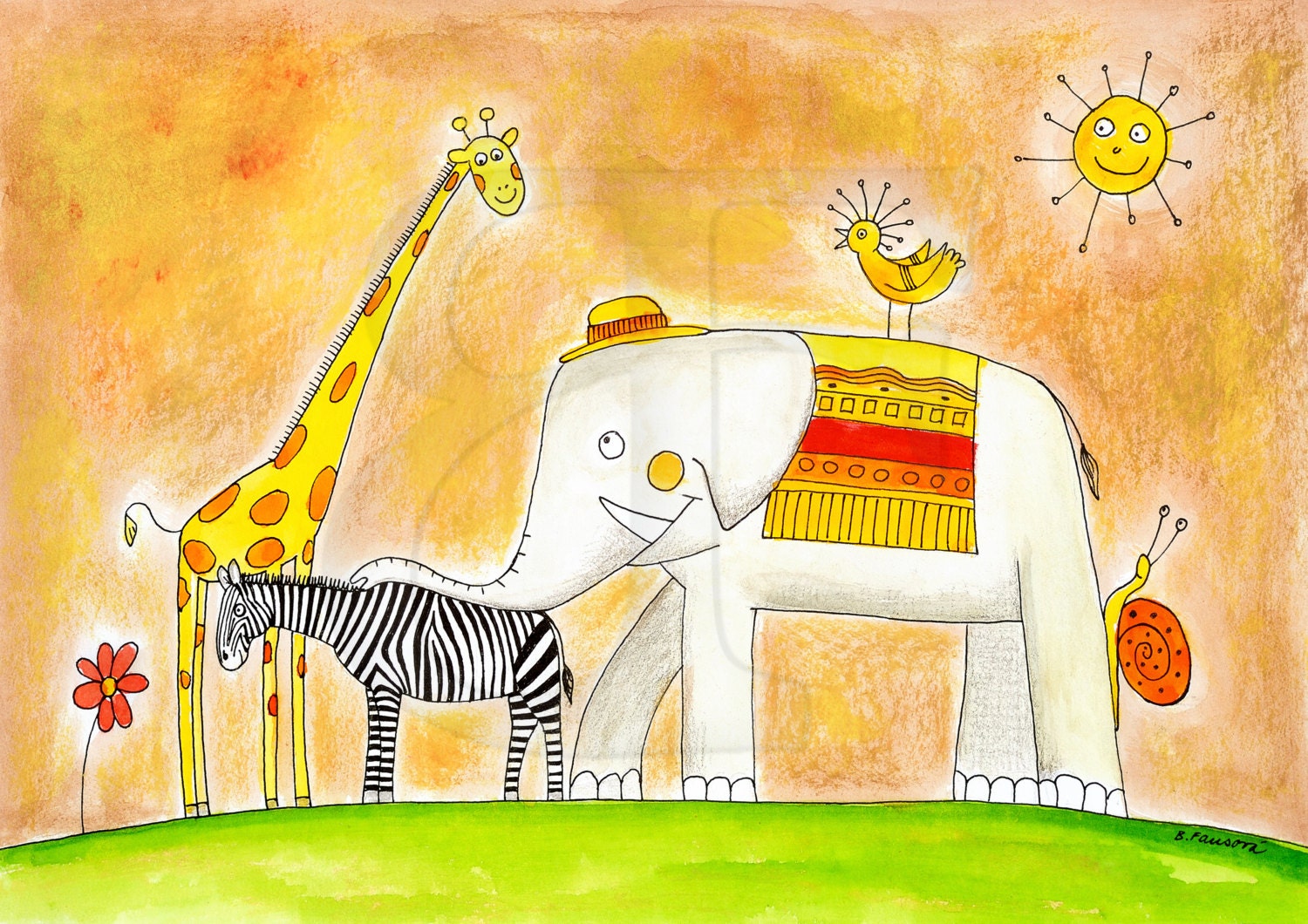 Group of animals, ZOO, child's drawing, hand drawn picture, watercolor painting, digital file, for instant download, print, image, A4