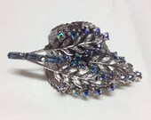 Vintage Leaf Cornflower Blue Rhinestone Brooch