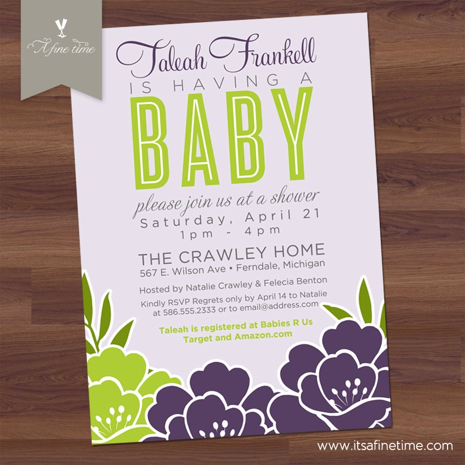 Baby Shower Invitation - Modern Bloom - Floral, purple, green, lavender - Girl, Boy, Twins, Gender Neutral (DIY Digital Printable)