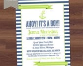 Baby Shower Invitation - Ahoy, It's a Boy - Nautical - Sailor - Preppy - Boy - Blue & Lime Green - Modern Stripe (DIY Digital Printable)