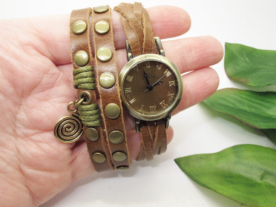 Antique bronze watch bracelet/  rivet leather warp  bracelet wb 030
