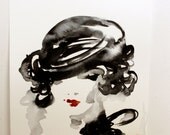 The woman in black Portait. Original watercolor women. painting . Black and Red / Female desing painting. Mother's day gift, gift card