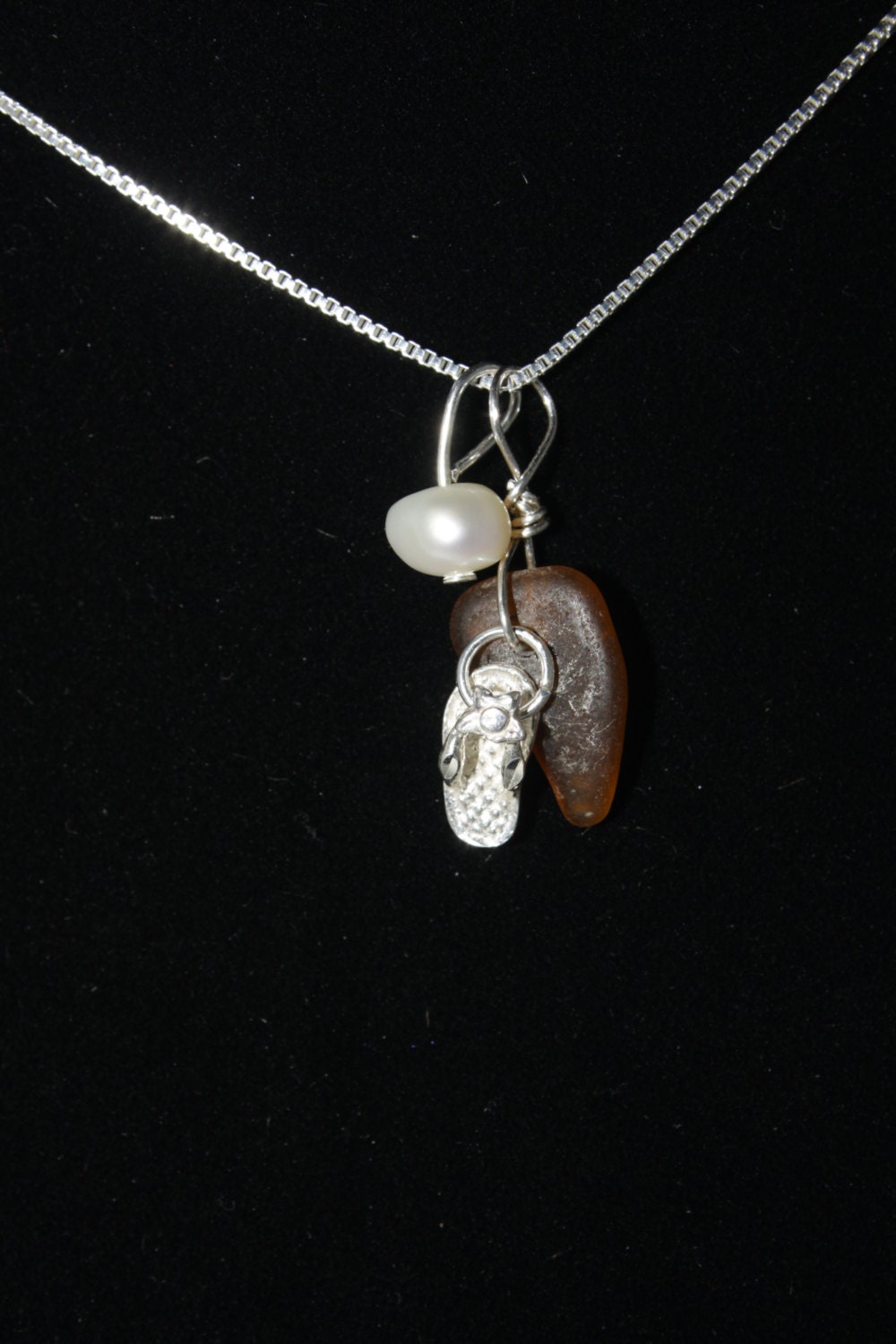 Brown Sea Glass and Flip Flop Cluster Pendant