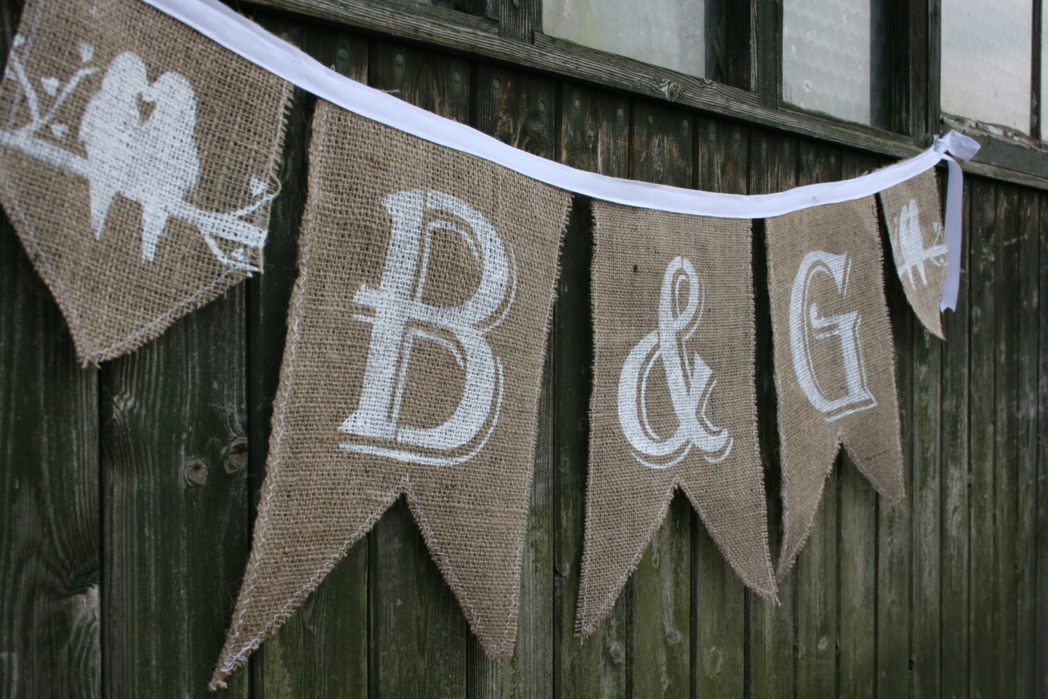 Lovebirds and custom 'Initials' Hessian wedding bunting for a vintage, rustic or barn themed wedding