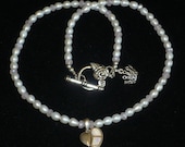 Fresh Water Pearl and Crystal Necklace with Sterling Silver White Opal Heart Pendant