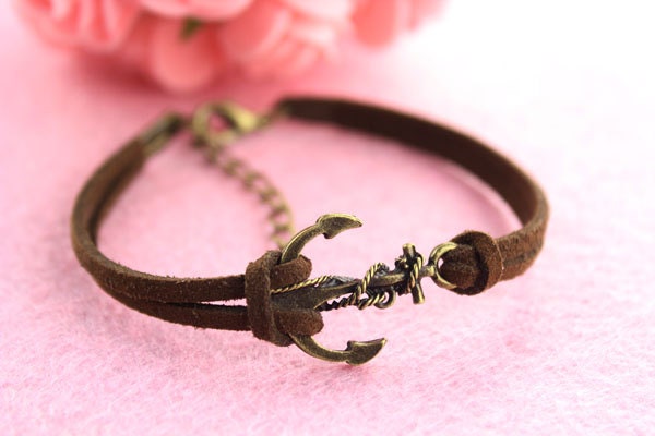 bracelet--anchor bracelet,antique bronze charm bracelet,brown leather bracelet,love bracelet