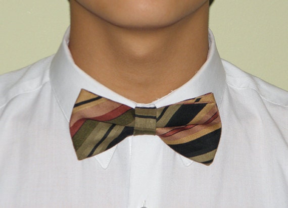 Mens Bow Tie - Recycled Stiped Tan, Green and Black Recycled Adjustable Butterfly Bow Tie