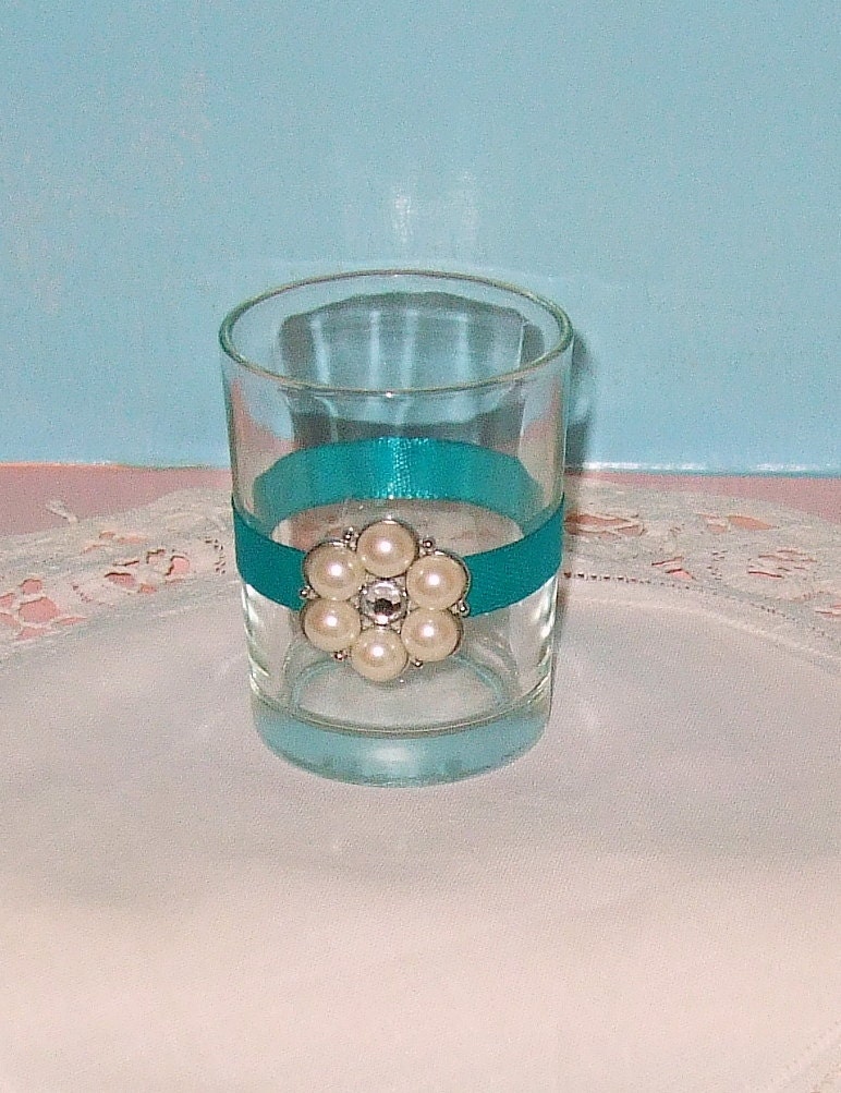 Wedding Decoration / Bling Wedding Decoration / Victorian Wedding Decoration /   Votive Candle Holder/ Teal  / Set of 6