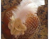 Cream Veiling with White/Cream Flowers & White Feathers - Wedding Fascinator/Hair Clip/Bridal/Veil