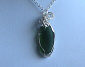 Dark Green Genuine Sea Glass Pendant Wire Wrapped in Sterling Silver