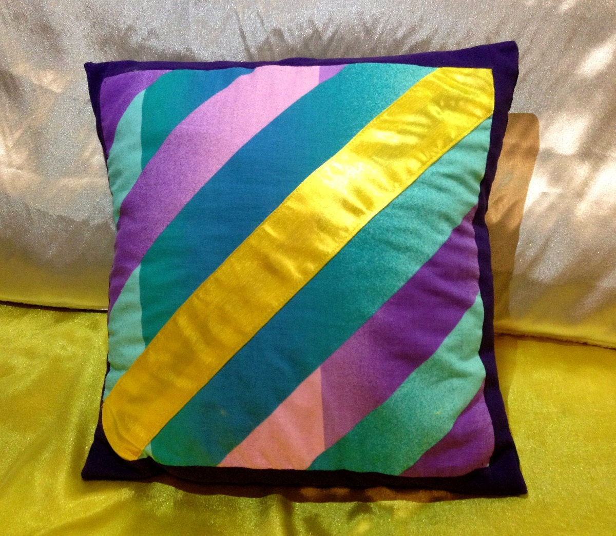 New Handmade Patchwork Cushion Cover / Pillow Cover 16 inch - mixed fabrics - blue, yellow, lila