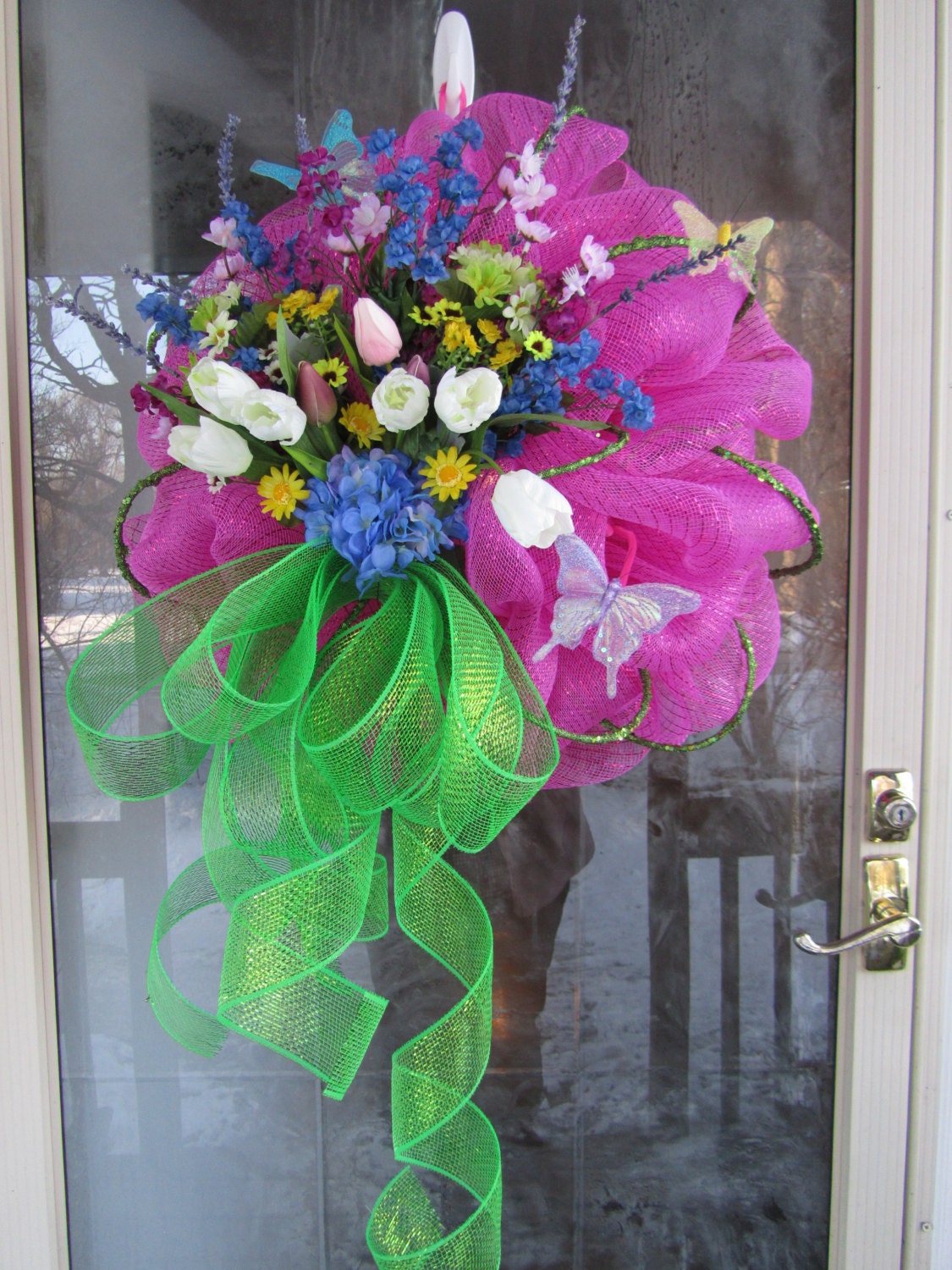 Hot Pink Floral Wreath with Beautiful Silk Flowers, Butterflies and a Flowing Lime Green Ribbon Mothers Day Spring/Summer