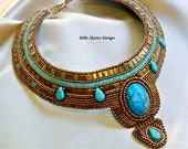 Bead Embroidery  Necklace  Collar Blue Bronze  Handmade Bead Embroidered OOAK