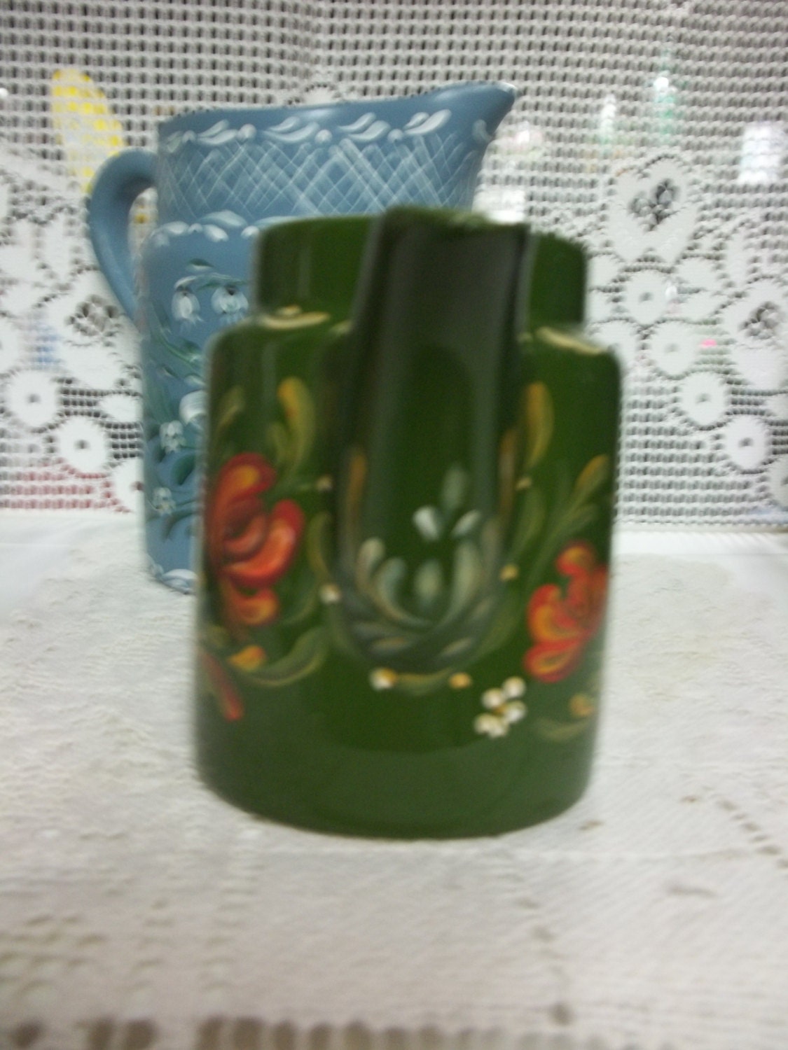 A Green Vintage Tea Pot Hand Painted in a Rosemaled, Folkart Style Original Design.