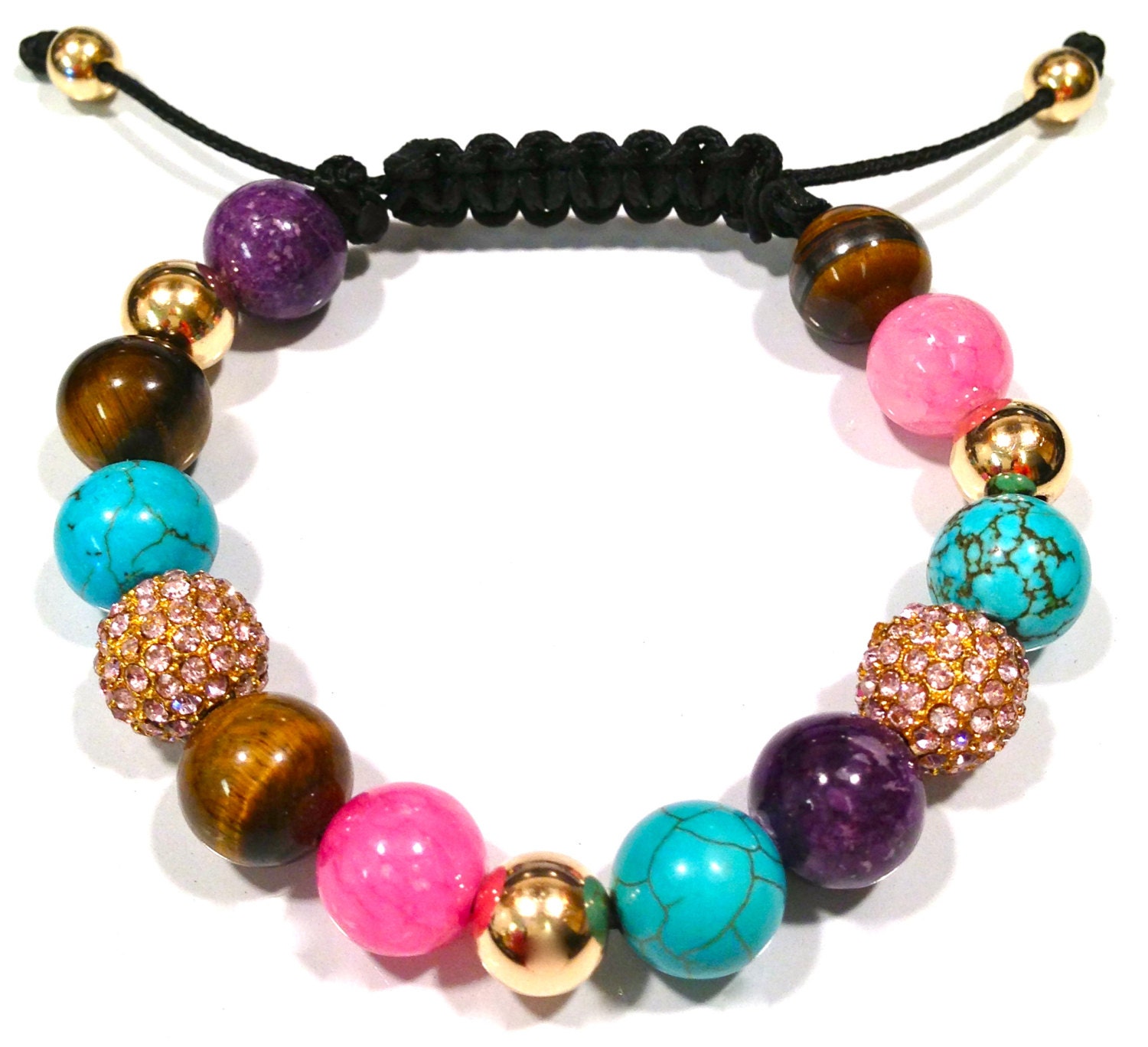 Gold Plated Metal ROSE Crystal Bead, Pink, Teal, Brown, Purple Marble Bead Accents Hand-Made Shamballa Bracelet