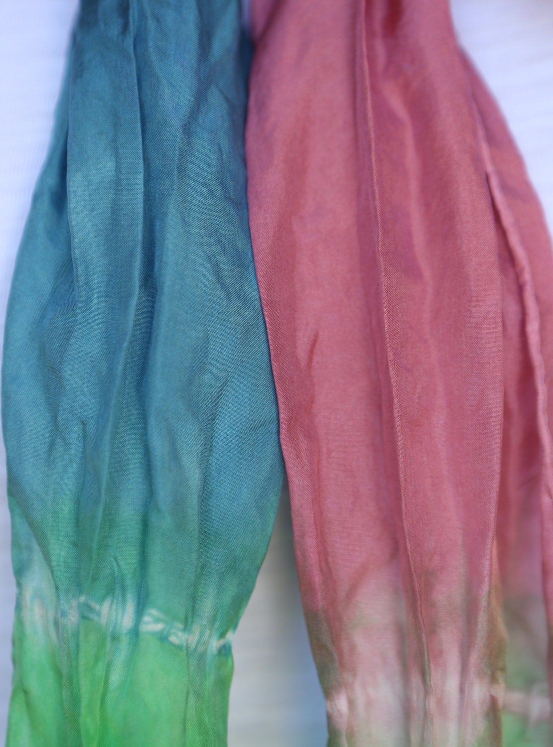 One-of-a-kind, Shibori hand-dyed 100% Habotai silk scarf - 8x54" Purple/Blue w/Matching Green Tips