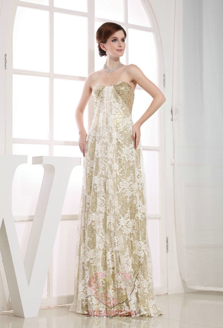 Custom Handmade Gold Sequin Lace Empire Lace Formal Long Prom/Evening/Party/Bridesmaid/Cocktail/Homecoming Dress Gown