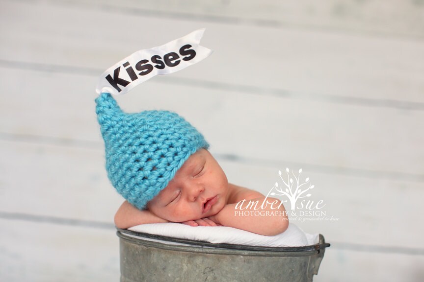 Ready To Ship Newborn Baby Blue Kisses Hat Crochet Photo Prop