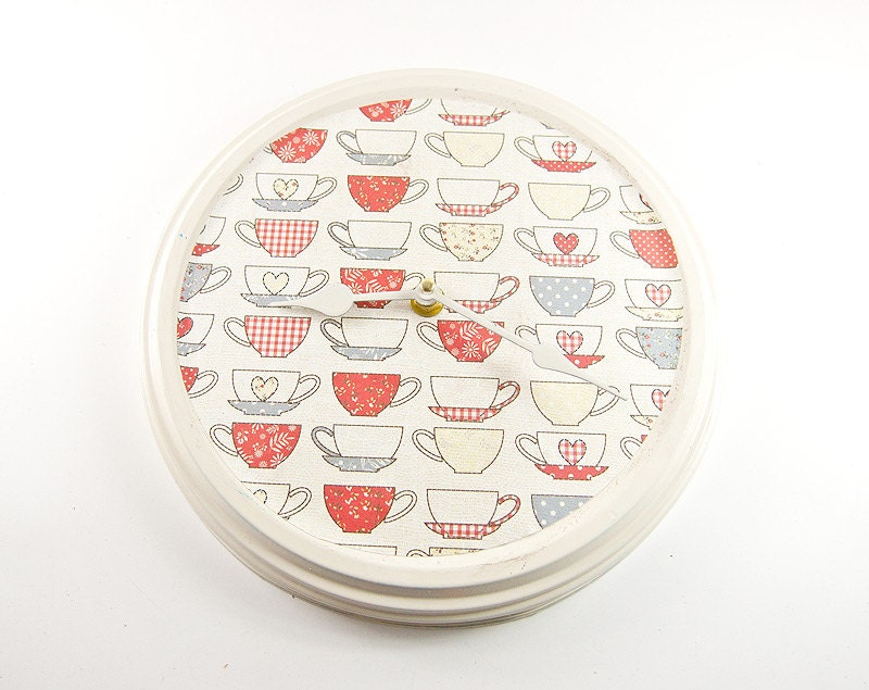 Upcycled Clock Red Cream Teacup Pattern. 9 Inch Diameter. Metal Lid Sweet Tin.