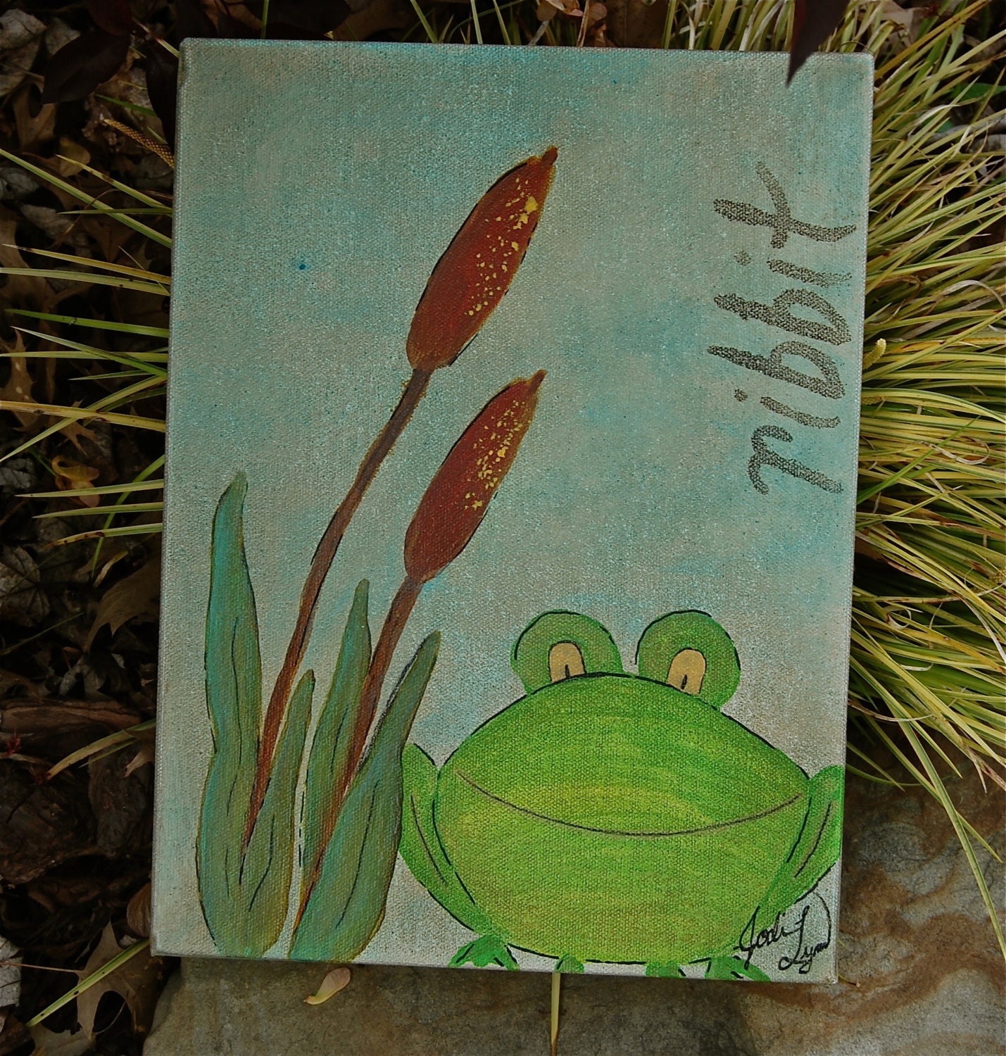 Jidderbug Series 9x12 Wrapped Canvas Acrylic Original Hand-Painted Green Frog Painting, "Ribbit"
