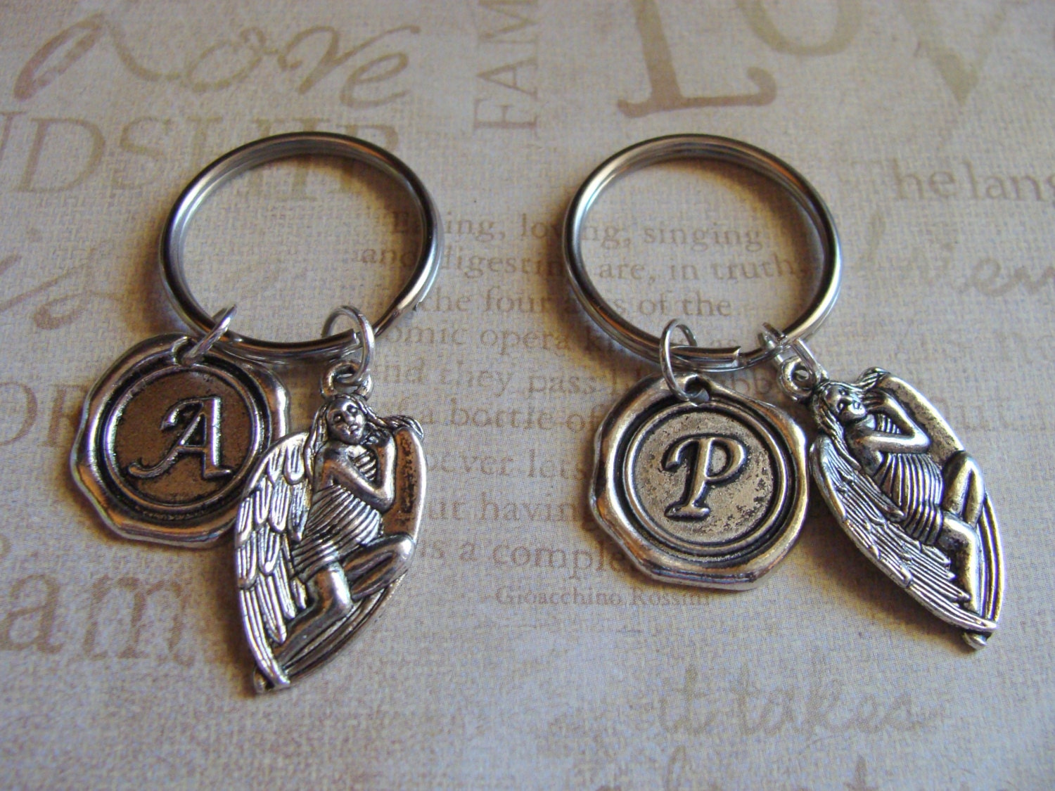 2 Wax Seal Keychains , Initial Keychain, Gift for couples, guardian angel keychain, together we fly, Personalized Jewelry, Silver Keyring