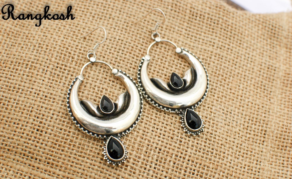Sterling Silver Black Onyx Hoop Earrings -  Unique Hoop Dangle Bollywood Earrings