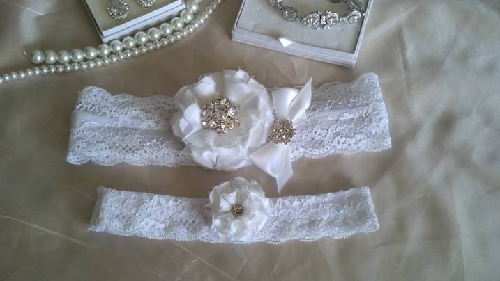 Wedding Garter, Bridal Garter Set, White Chiffon Flower with Crystals and Bow on a White Lace Garter