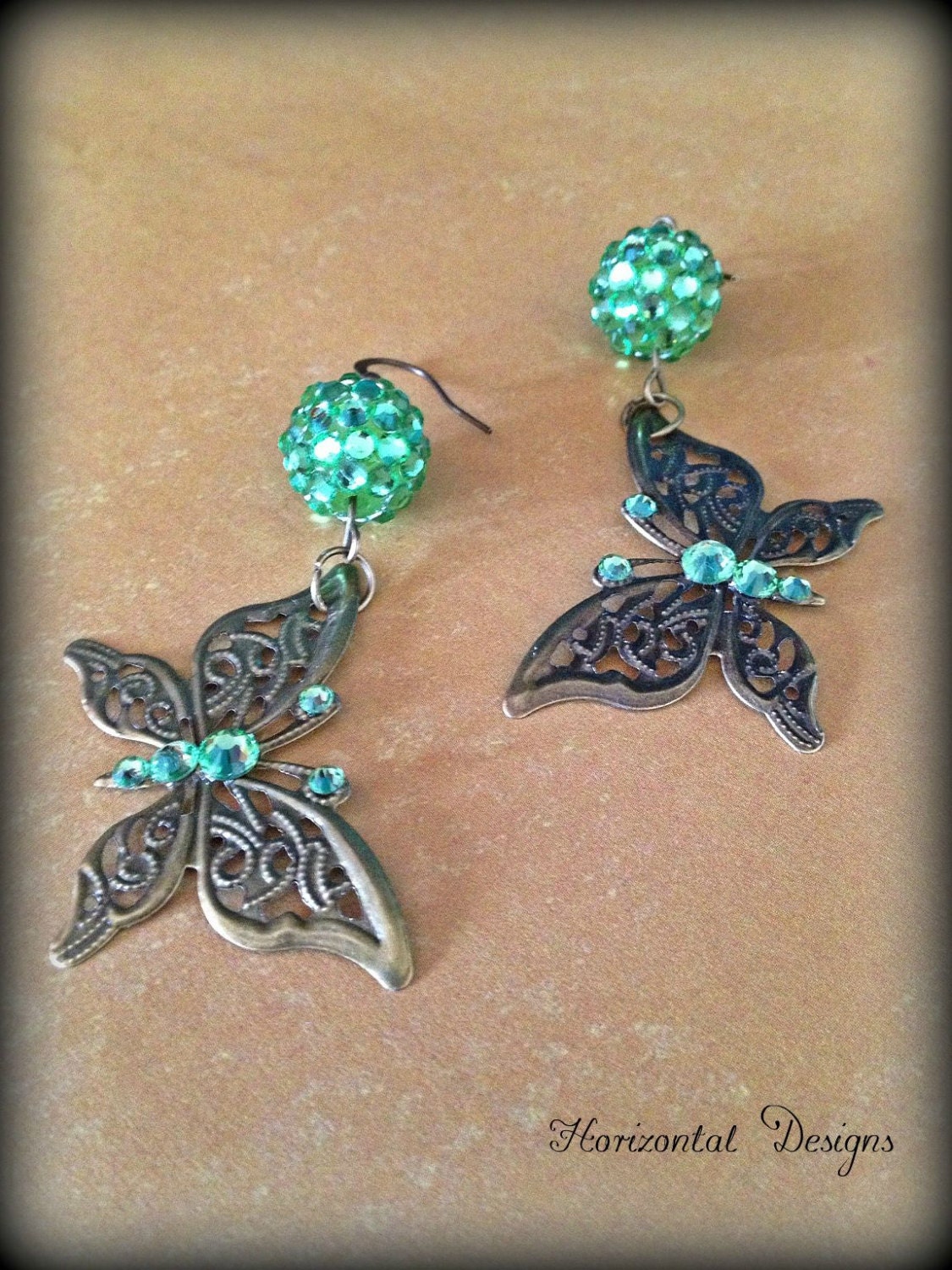 Butterfly Dangle Earrings, Green Swarovski Drop Earrings, Shabby Cottage Chic, Rustic Charm, Enchanted Jewelry, Mother's Day Gift