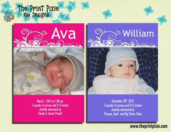 Birth Announcement Cards, DIY, PRINTABLE, custom photo prints of your new baby, unique, AVA Design Event Stationery by The Print Pixie.