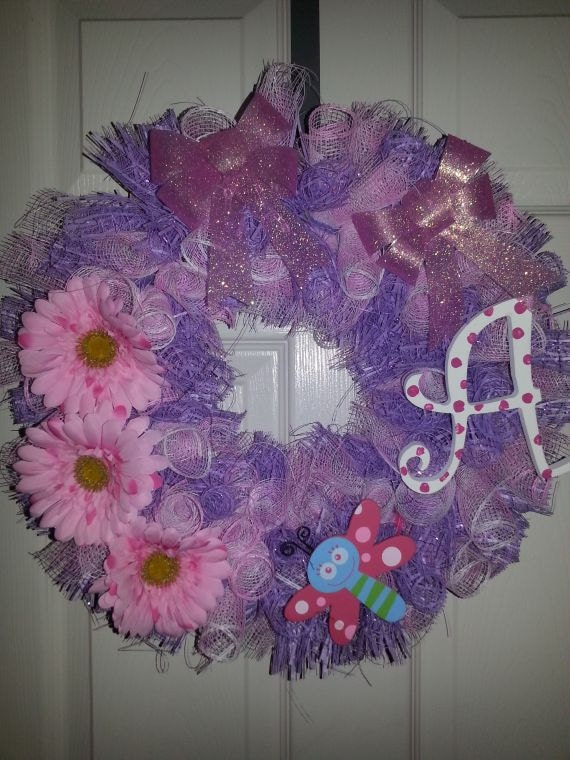 Nursery, Girl's Room, Kid's Room, Deco Mesh, Baby Shower Gift, Little Girl Gift, Door Hanger, Wreath, Pink, Monogram