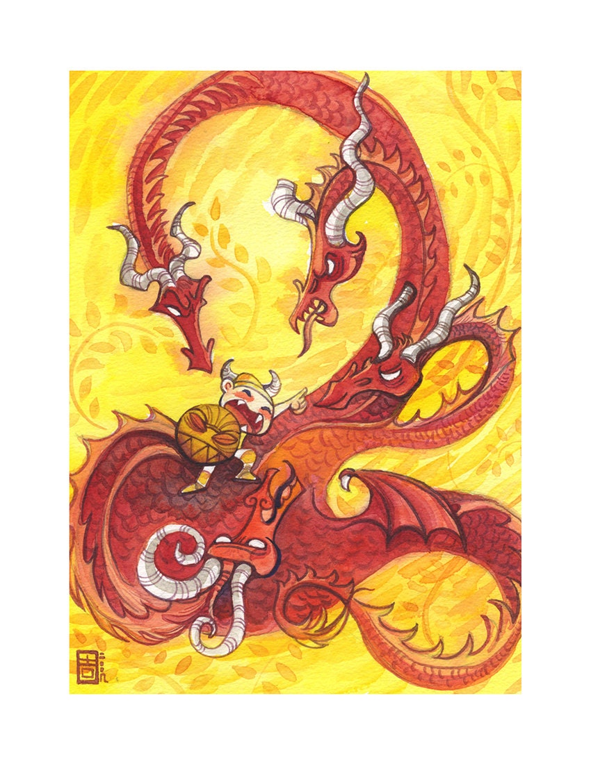 Nursery Wall Art, Children Picture Art, Illustration art, Watercolor painting, Hydra, Dragon, Brave little Warrior, 8.5 x 11 inch