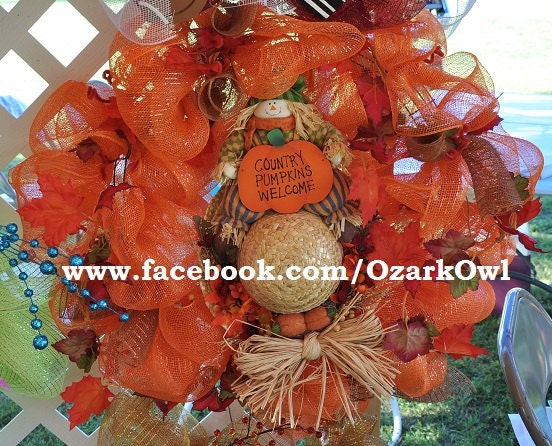Fall Autumn Scarecrow  Hat Deco Mesh Wreath