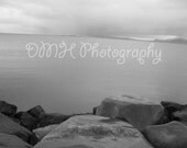 Digital photo of calm ocean waters on a cloudy day (B&W 11x14 in glossy print) Fine art photography.