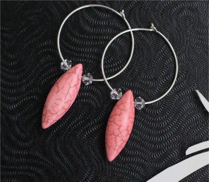 Pink Turquoise Earrings, Sterling Silver Hoop Earwires, Pink Turquoise Smooth Puff Marquise Briolettes, Clear Crystal Bicones. Gift. SE020.
