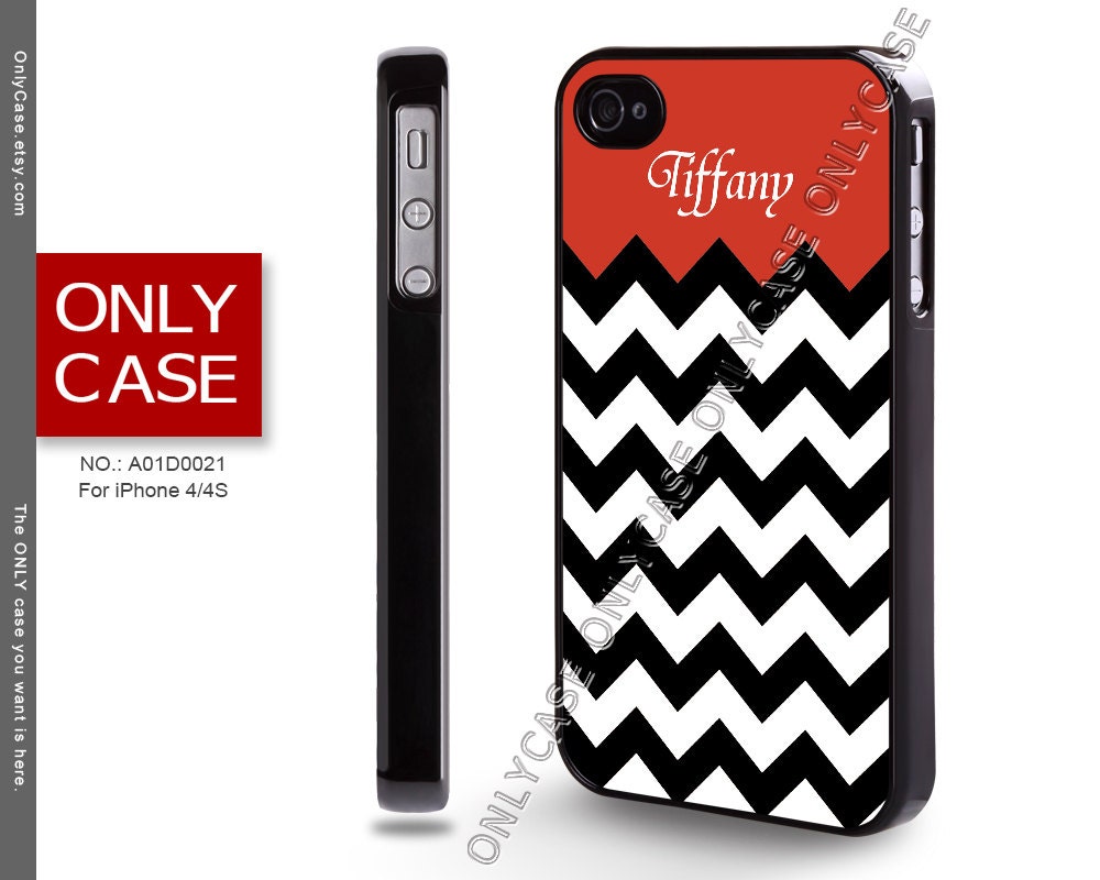 iPhone 4 Case, iPhone 4S Case, Chevron, Monogram, Black, White, Red, Name, Custom, Personalized, iPhone Case, Case for iPhone - A01D0021