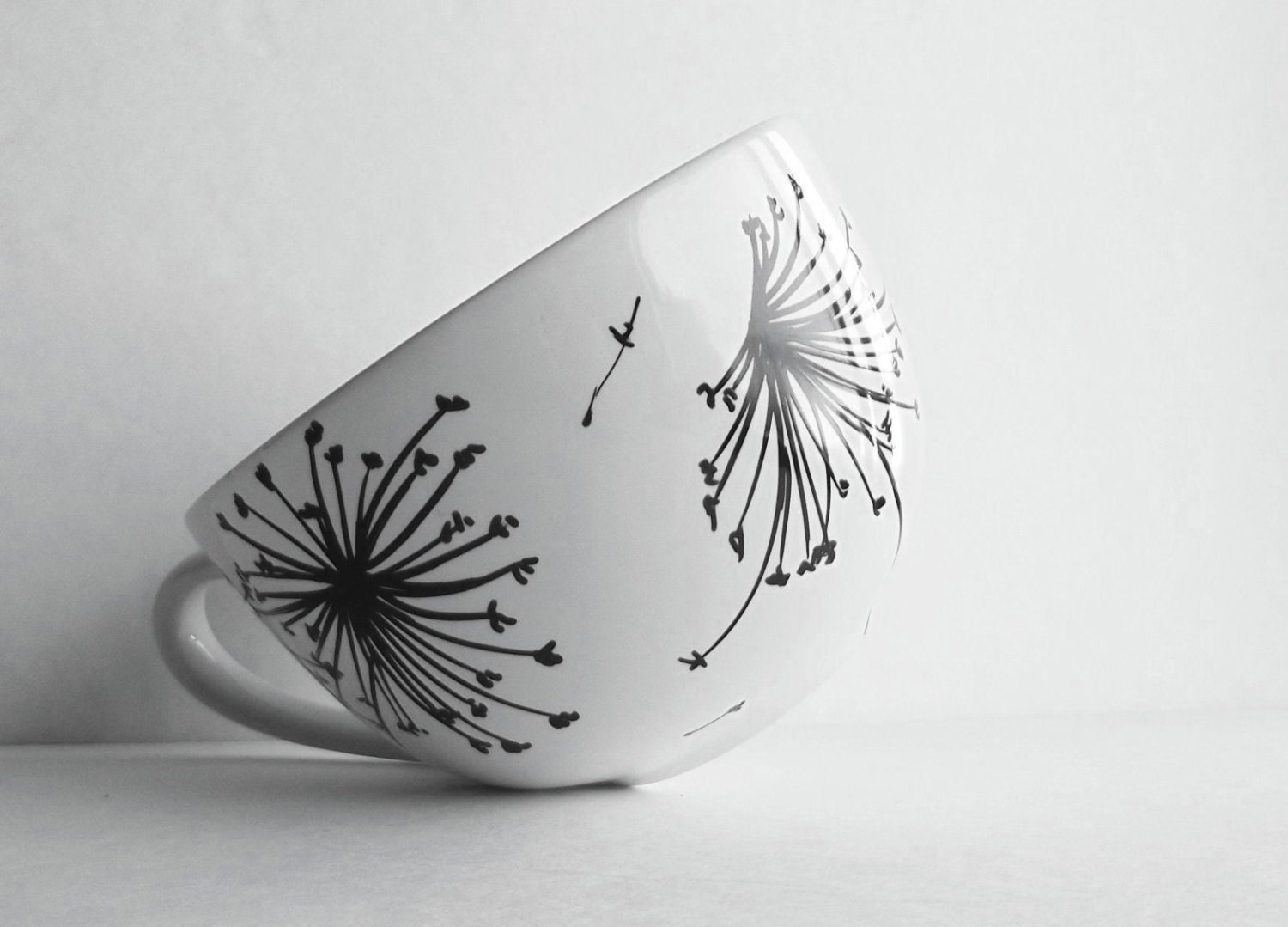 Dandelion Breeze Hand Painted Cappuccino MUG Custom OOAK Black and White Minimalist Minimal Mug