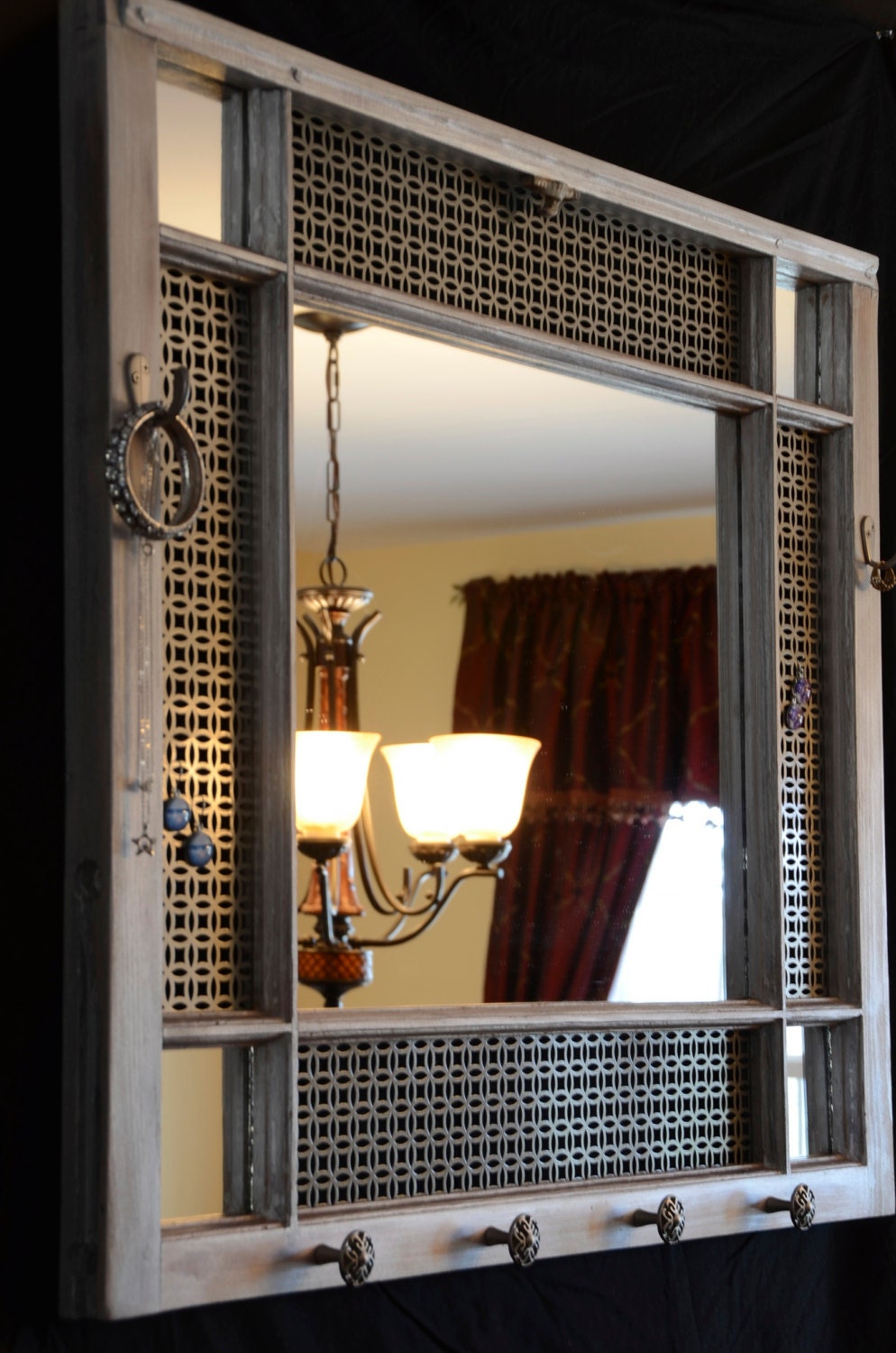 Handmade, one of a kind window frame jewelry organizer and mirror.