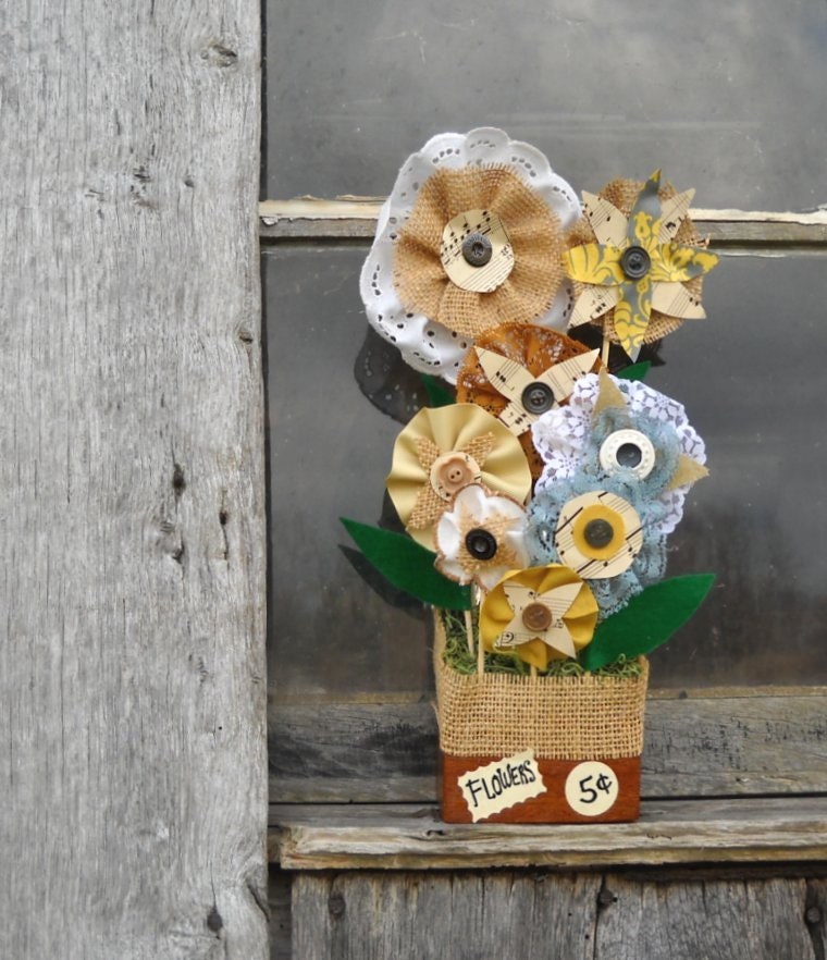 Rustic Fabric Flower Stand - Mixed Media Spring Decoration - Altered Art Assemblage - Eco Friendly