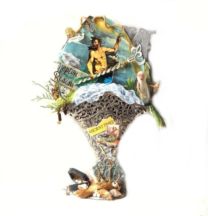 Nautical Art Assemblage - Mermaid Decoration - Recycled Mixed Media - King Neptune