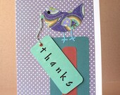 Handmade THANK YOU card with blue paisley bird on a grey and white polka dot background. One of a kind.