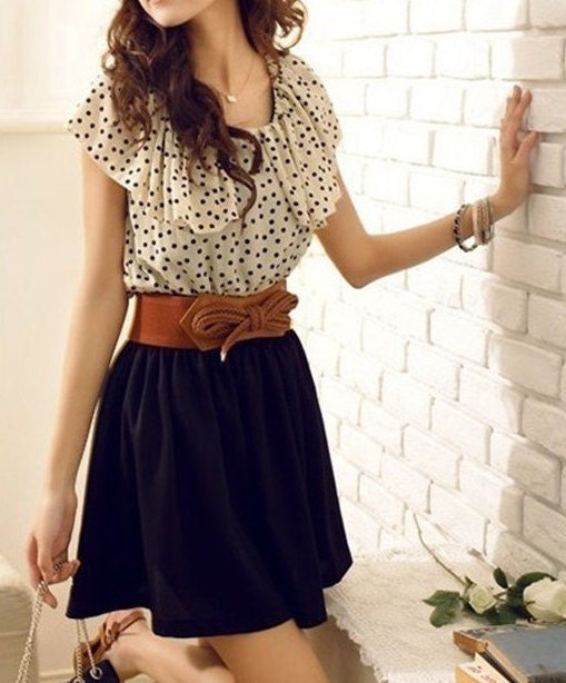 Women's Summer Short Sleeve Polka dot Vintage Peasant inspired Chiffon short Romper with Belt smocked Waist  Dress S M