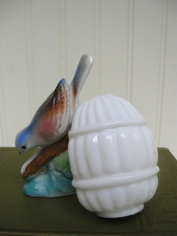 Vintage Glass Bird Cage Feeder White Milk Glass Bird by PoemHouse