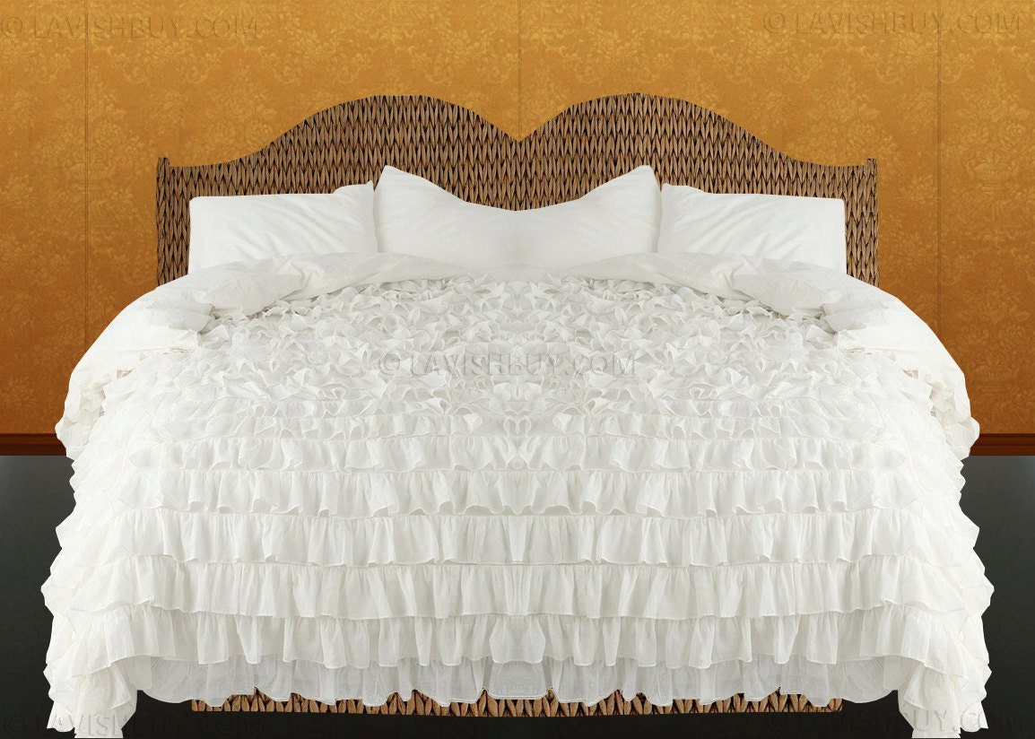 1000TC Egyptian Cotton White Ruffle Duvet Quilt Cover Set 3pc - Available in All Size