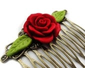 GOTHIC floral comb with red handmade polymer clay rose and green leaves, bridal comb, elven fashion