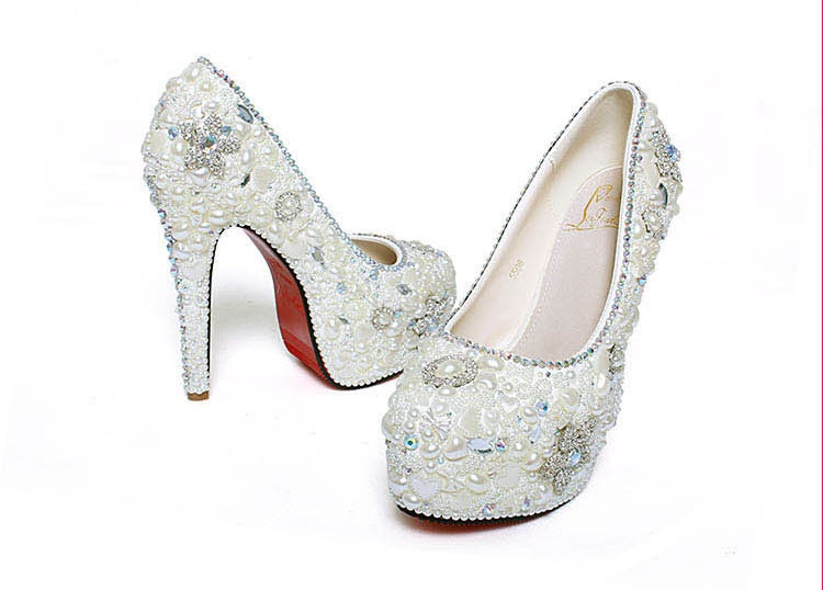 Handmade Bling ivory Pearl Mix Swarovski Crystal Wedding Shoes,party shoes,Bridal Shoes, high-heeled shoes