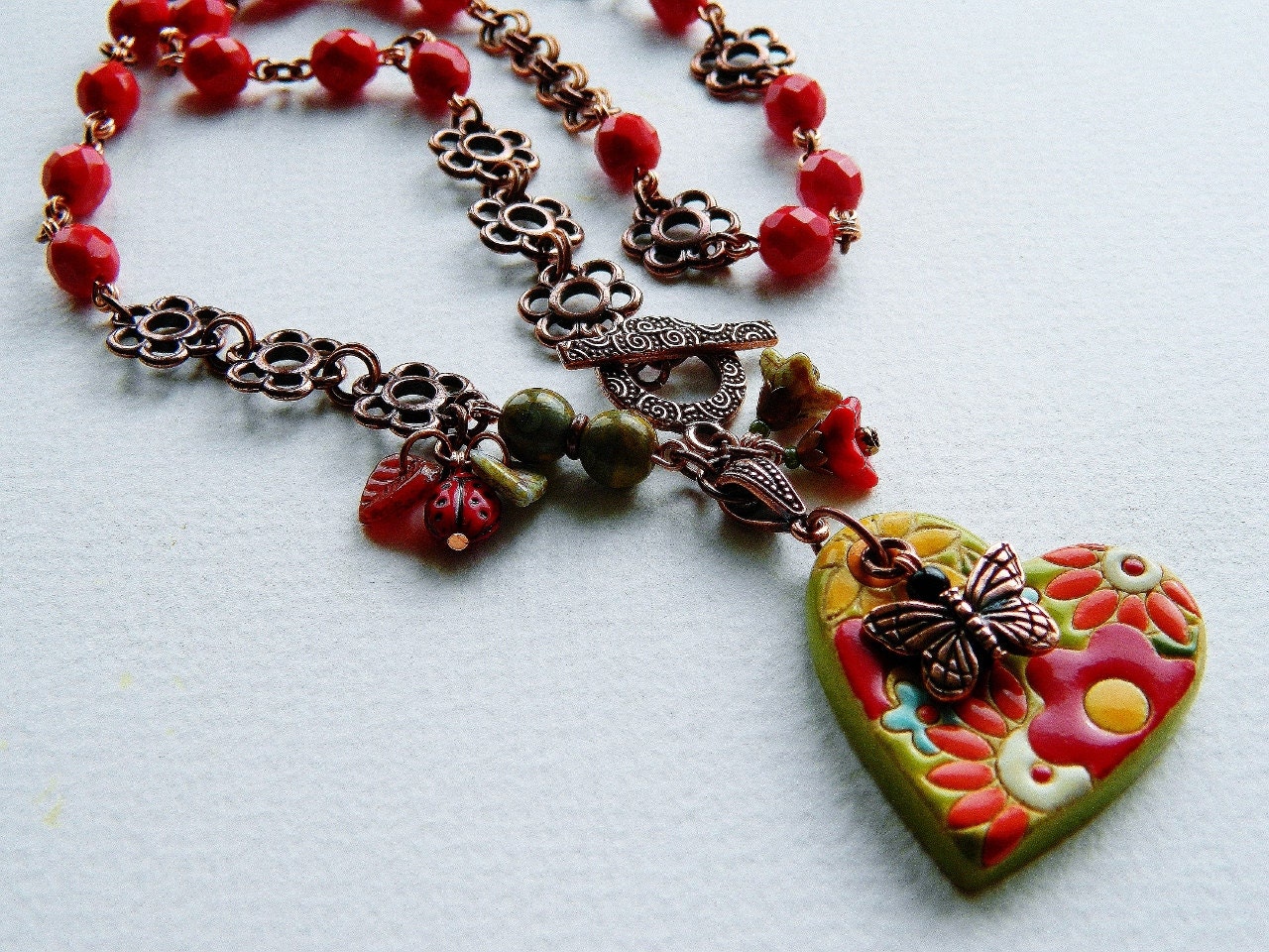 Handmade Ceramic Heart Necklace, Vintage Inspired Necklace, Copper Necklace, Red Necklace, Bohemian Necklace, Red Glass & Antique Copper