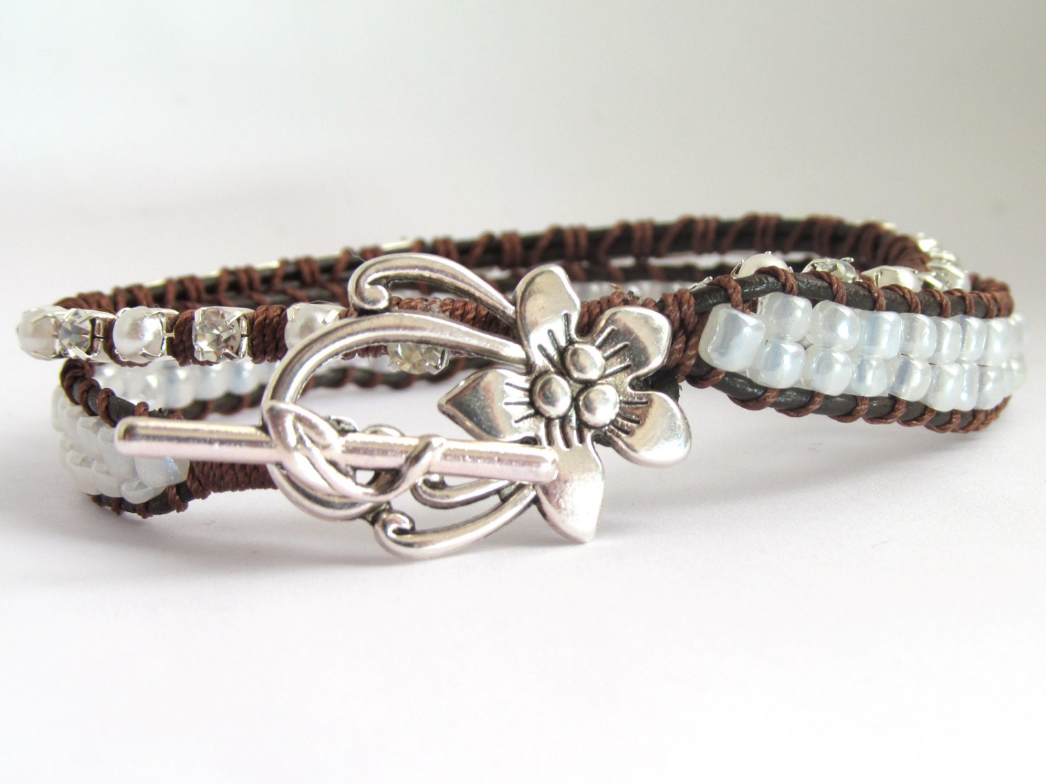 Rhinestone & Pearl Ladder Wrap Bracelet // Beaded Jewellery